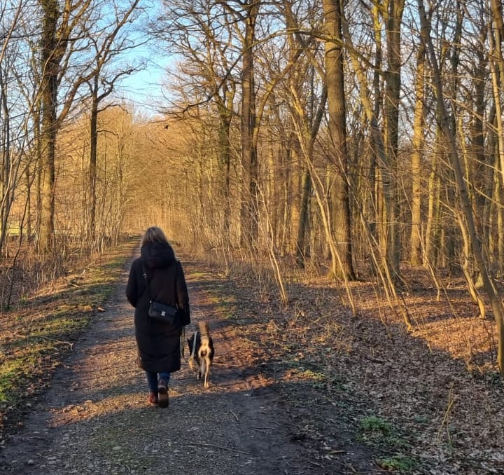 Hundehalterin bei Spaziergang mit Hund