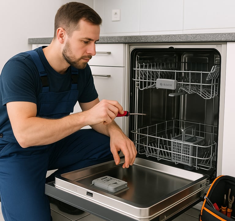 Blue Flame Works technician servicing a Bosch dishwasher in a modern kitchen.