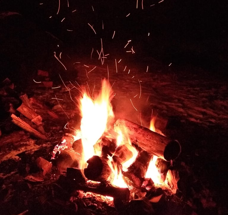 a fire pit with a fire in the middle of it