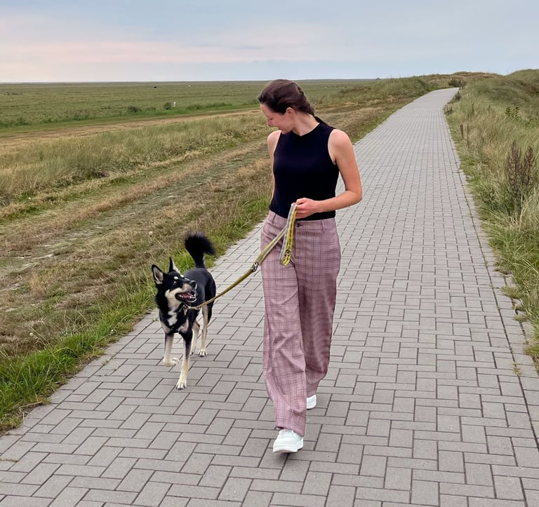 Hundetrainerin mit Hund beim üben Leinenführigkeit
