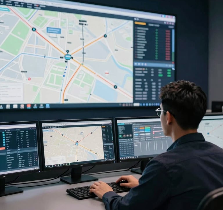 An interior shot of a sophisticated logistics control center. A professional viewed from behind looks at large monitors displaying glowing route maps and data. The room is dimly lit with deep navy tones and sharp, soft off-white screen glows.