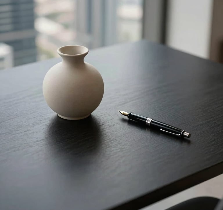A sophisticated lifestyle shot from a high perspective looking down at a minimalist, dark desk in a Dubai skyscraper. A single bone-colored ceramic vessel and a black fountain pen are the only items, suggesting clarity, focus, and high-end strategic thought.