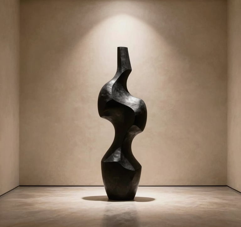 Professional architectural photography of a minimalist gallery space in the Middle East. A single, large-scale black abstract sculpture stands against a warm bone-colored plaster wall under a focused spotlight.