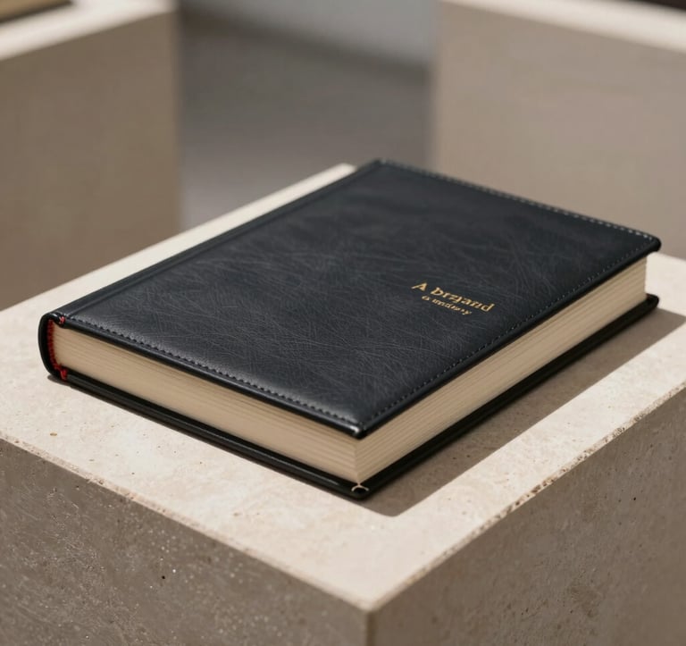 A close-up photograph of a minimalist, high-quality leather-bound brand strategy book with subtle gold embossed text. The book sits on a light bone-colored stone plinth in a gallery-like setting with soft, expensive-feeling shadows.