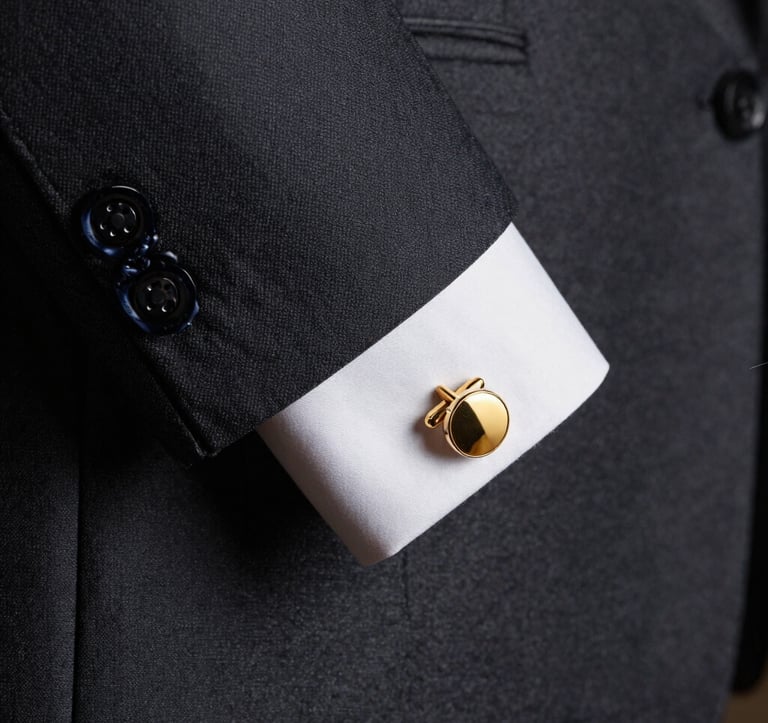Detail shot of a bespoke suit cuff and a gold cufflink against a dark, textured charcoal background. The composition is minimal and high-fashion, suggesting luxury and professional excellence in a Gulf corporate context.
