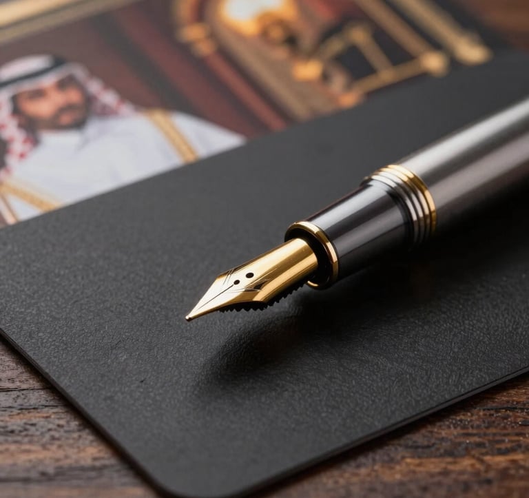 Macro photography of a premium gold fountain pen resting on a heavy-textured black business card. The background shows a blurry hint of a sophisticated Middle Eastern / Gulf study with dark wood and warm lighting.