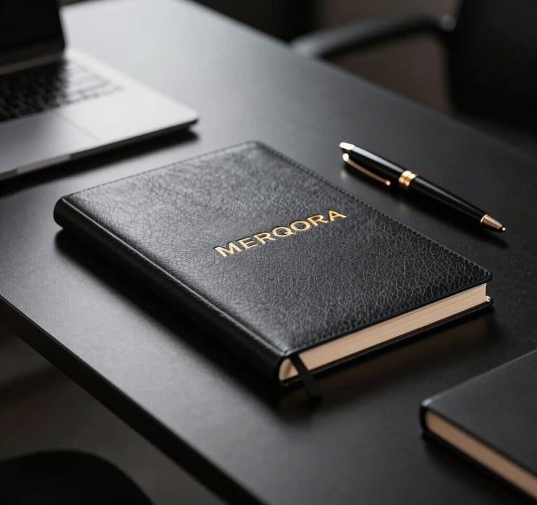 Photography of a sleek, black professional desk in a Middle Eastern / Gulf setting. On the desk lies a thick, expensive textured paper notebook with the word MERQORA embossed in gold. Beside it, a single piece of high-end stationery and a designer pen. Dramatic, sharp lighting and deep shadows.