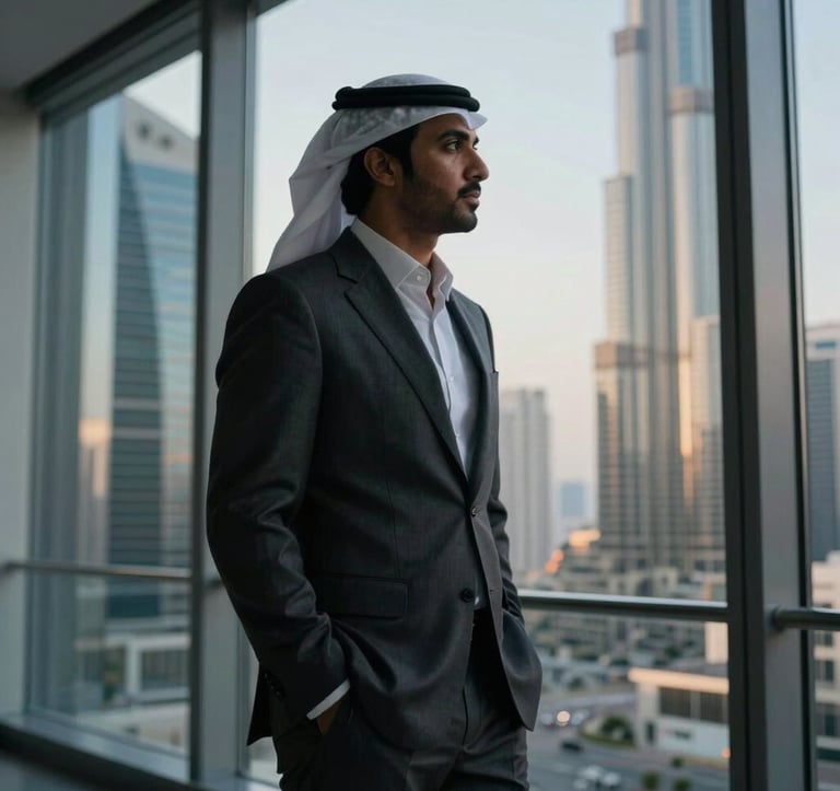 A sharp, editorial photograph of a Middle Eastern / Gulf executive in a tailored charcoal suit, silhouetted against a modern glass wall overlooking the Dubai International Financial Centre. High contrast, low light.