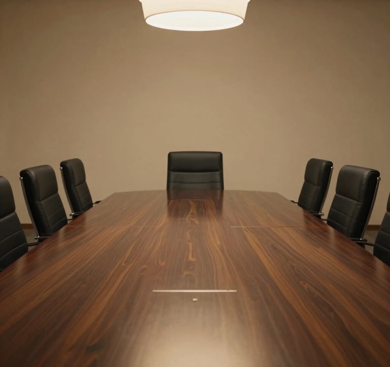 A focused, cinematic shot of a luxury boardroom table in Dubai. The surface is dark polished wood, reflecting subtle gold light from a minimalist chandelier. Deep black chairs and a warm bone-colored wall in the background create a high-stakes, strategic atmosphere.