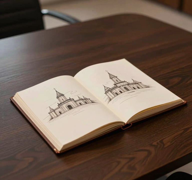 A minimalist shot of a high-end boardroom table with a single, open leather-bound portfolio showing architectural sketches. Subtle warm bone lighting on dark surfaces. Middle Eastern / Gulf luxury corporate style.