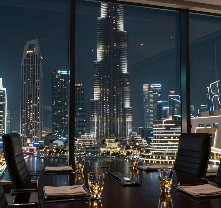 An editorial photograph of a sleek, dark glass boardroom in a Dubai skyscraper overlooking the city's modern architecture at night. The lighting is low and focused, highlighting gold-rimmed glassware on a dark table.