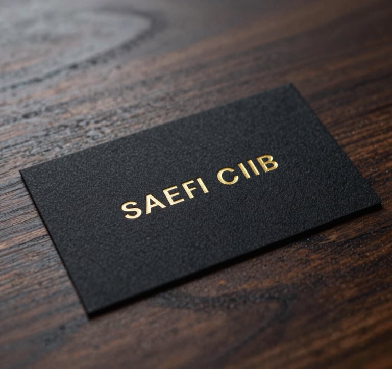 A high-end macro photograph of a bespoke, black textured business card with subtle gold foil lettering resting on a dark walnut surface. Sharp focus, cinematic depth of field, Middle Eastern / Gulf aesthetic.
