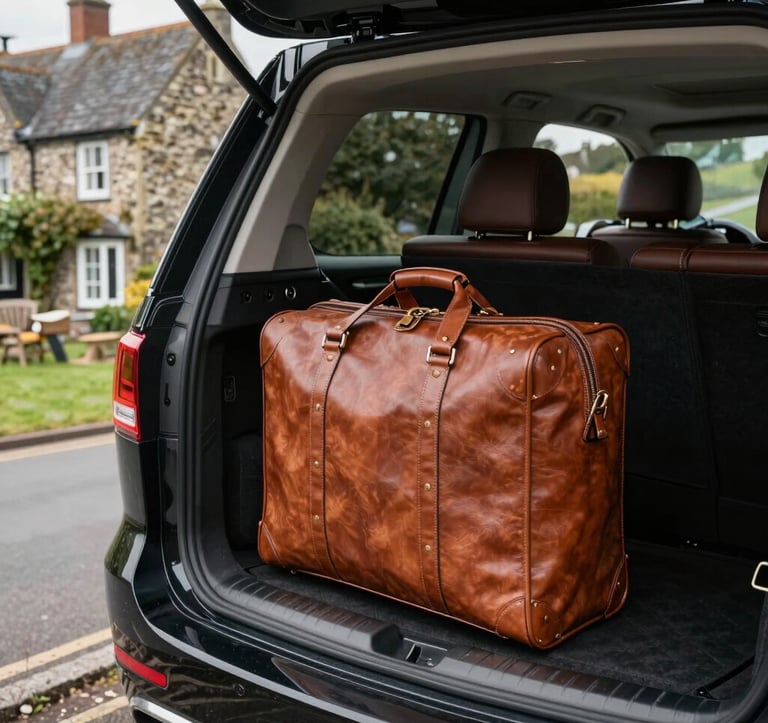 Close-up of high-quality leather luggage being easily loaded into the spacious rear of a luxury family vehicle. The scene is set in a charming British Isles village with traditional architecture in the background, emphasizing comfort and convenience for long journeys.