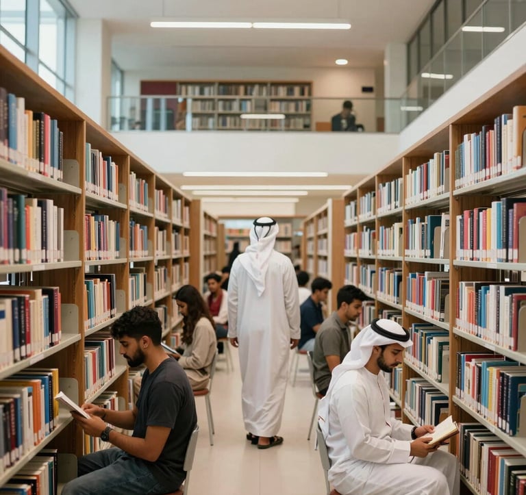 Professional photography of a contemporary university library with high ceilings and floor-to-ceiling bookshelves. A group of diverse students are seen from a distance in a scholarly Middle Eastern / Gulf setting. Soft, intellectual lighting.
