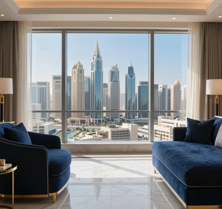 An interior photograph of a luxury hotel suite in the UAE. The room features white marble floors and navy blue furnishings with gold trim. Large windows overlook a clear blue cityscape with modern skyscrapers. Soft morning light.