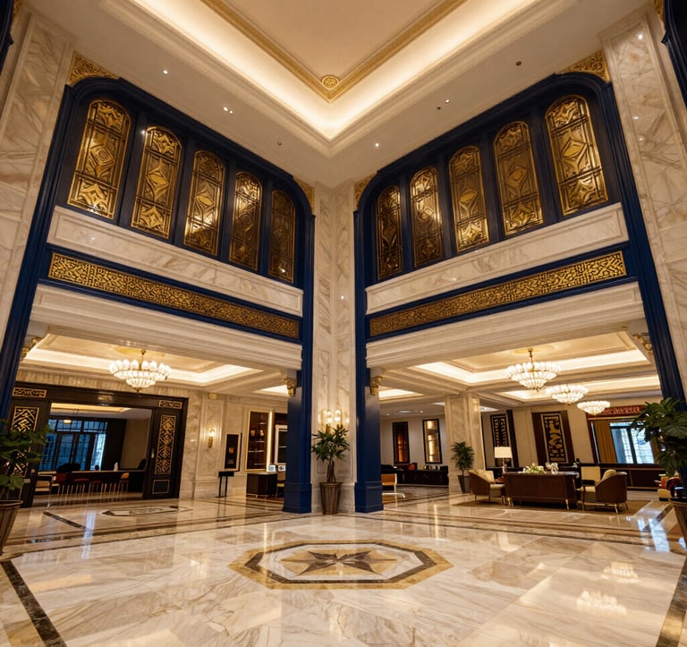 A luxury hotel lobby in the Middle East with high ceilings, grand marble floors, and elegant navy blue and gold decorative elements. Warm, ambient lighting and a sense of premium hospitality.