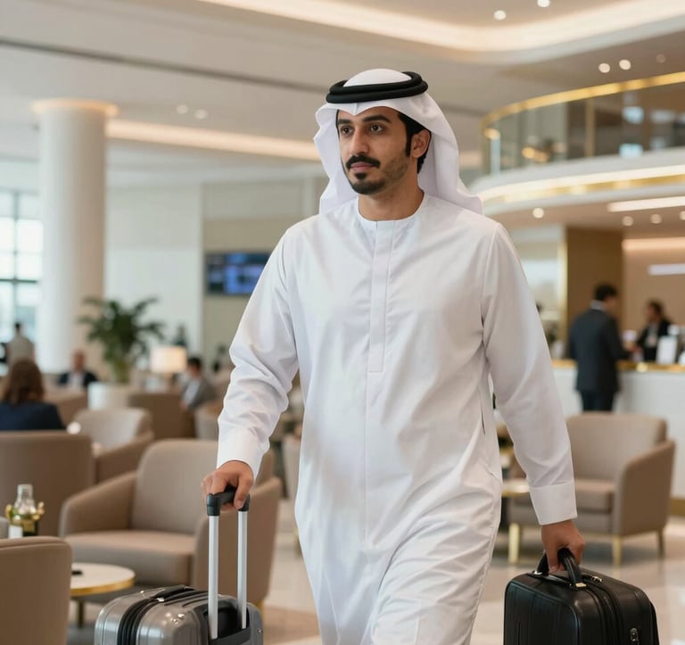 A professional and candid shot of a business traveler in a luxury airport lounge in the Middle Eastern / Gulf region. The background features modern architecture with clean lines and gold accents. Bright, high-end photography style.