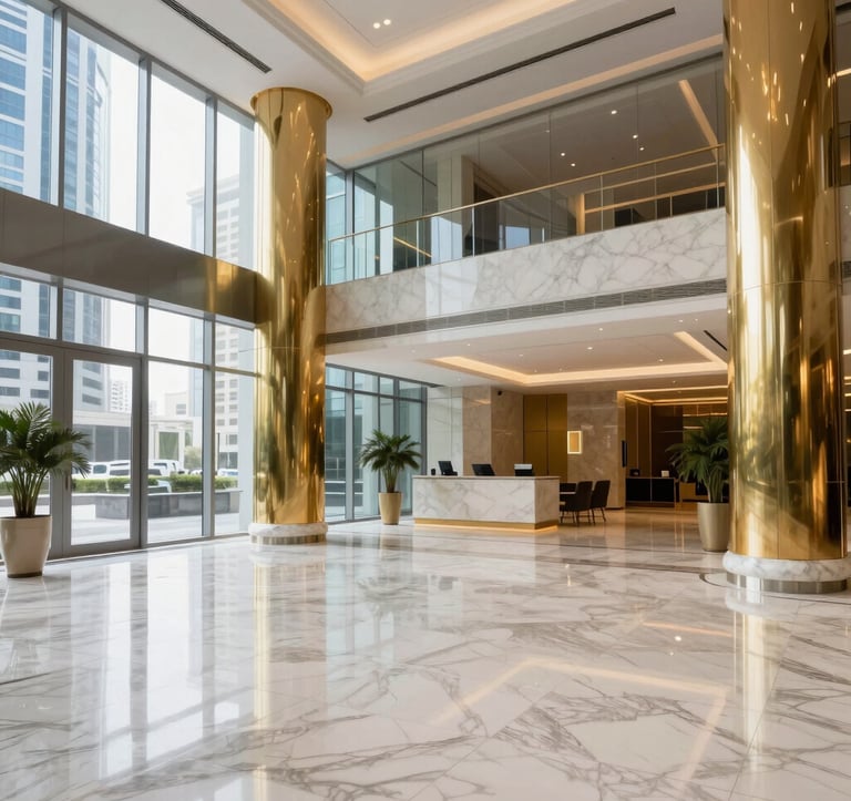A professional and bright corporate lobby in a UAE business district, featuring elegant white marble floors, gold accented pillars, and large glass windows, high-end commercial interior photography, Middle Eastern / Gulf setting.