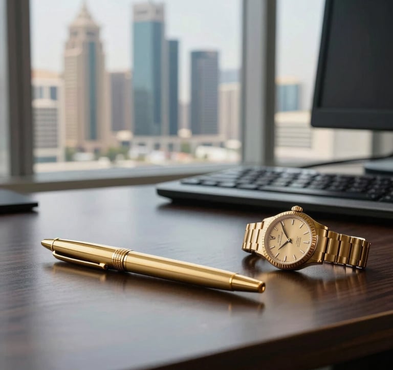 A close-up photograph of a professional workstation featuring a gold pen and a luxury watch on a polished dark desk. In the background, a large window reveals a blurred view of a modern financial district in the Middle Eastern / Gulf region.