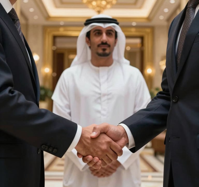Close-up photography of two business professionals in elegant attire shaking hands in a sophisticated, gold-accented hotel lobby in the Middle Eastern / Gulf. The lighting is soft and warm, highlighting a sense of trust and partnership.
