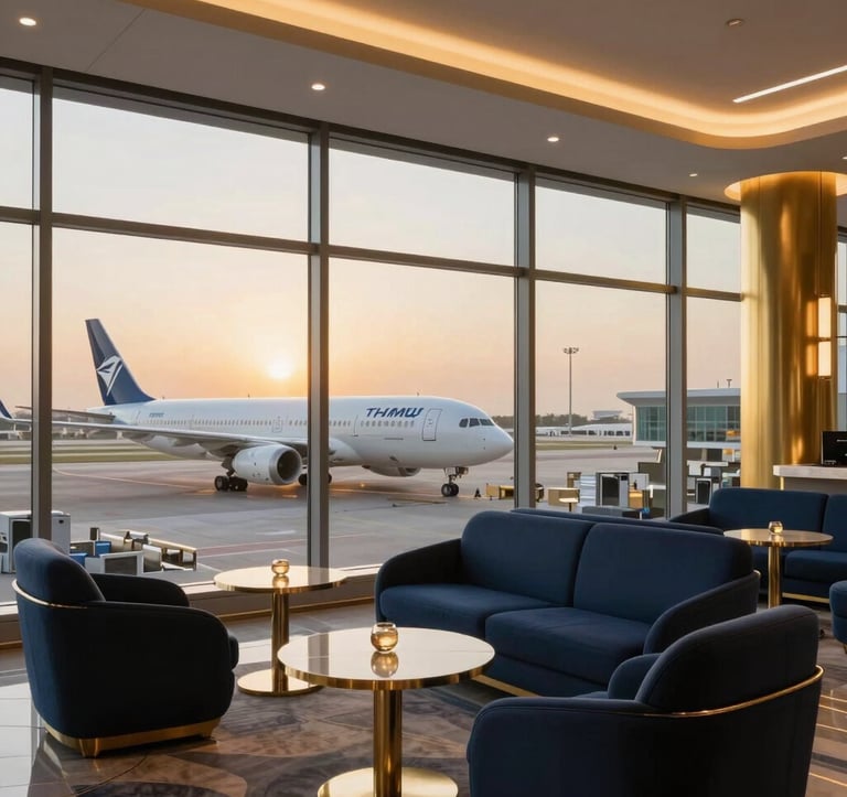 Photography of a luxury airport lounge in the Middle Eastern / Gulf region, featuring gold-toned lighting and sleek navy blue furniture. Through large panoramic windows, a modern aircraft is visible on the tarmac during sunset.