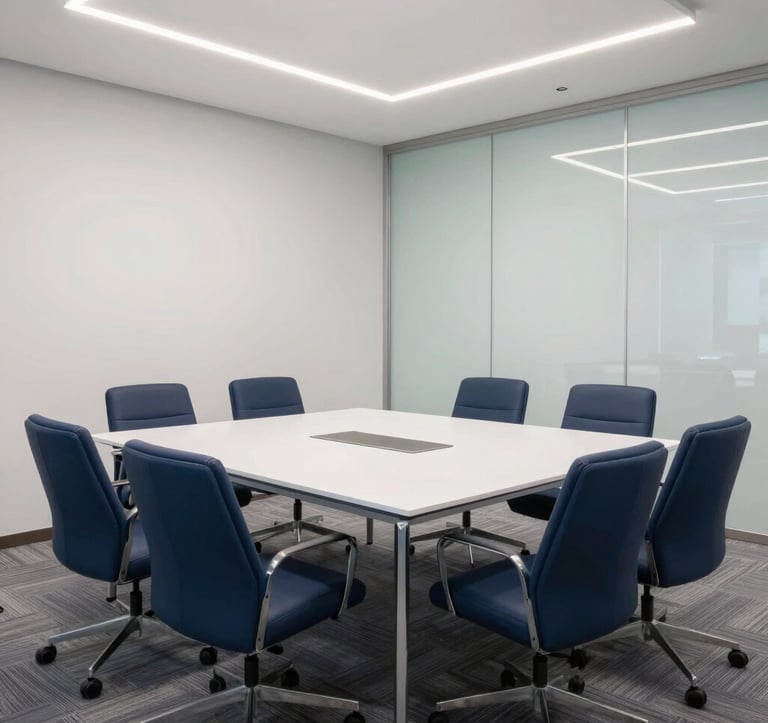 A bright corporate meeting room in a Dubai high-rise, featuring a large white table and navy blue chairs. The composition is clean and professional, conveying trust and project management excellence.