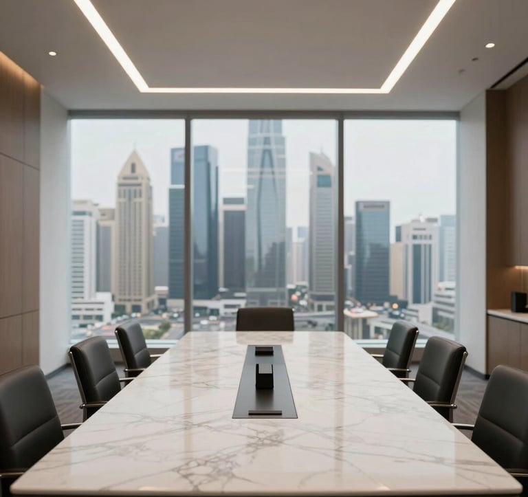 A high-end, contemporary corporate office interior in a Middle Eastern / Gulf high-rise. A large conference table in white marble sits under gold minimalist lighting, overlooking a blurred city skyline of skyscrapers and luxury developments.