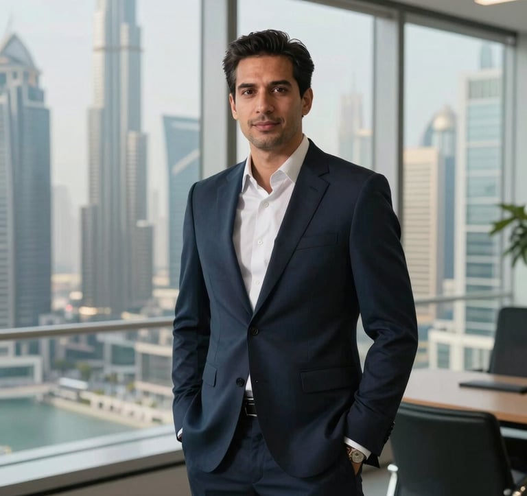 A professional corporate portrait of a business executive in a high-end Dubai office, overlooking a futuristic cityscape, soft natural lighting, elegant business attire, modern luxury style, Middle Eastern / Gulf context.