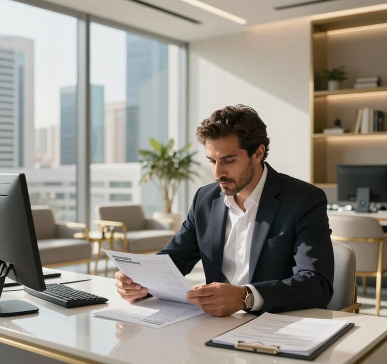 A professional consultant in a modern, sunlit office in a Middle Eastern city, reviewing visa documents. The setting features minimalist furniture and gold-toned accents with a view of high-rise buildings.