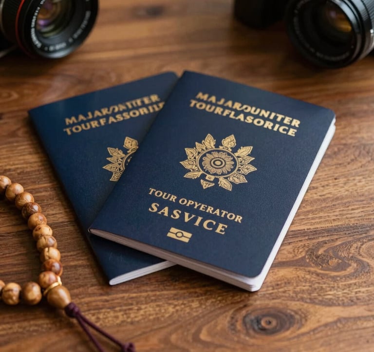 A close-up, sharp photograph of high-end travel documents and a prayer bead set resting on a polished wooden table. The lighting is warm and reassuring, emphasizing a professional and well-organized tour operator service.
