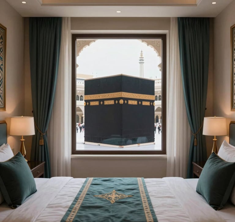 A high-end interior photograph of a luxury hotel room in Mecca, with a window overlooking the Kaaba. The room is decorated in neutral tones with subtle dark teal accents. The lighting is soft and serene, evoking a feeling of exclusive comfort.