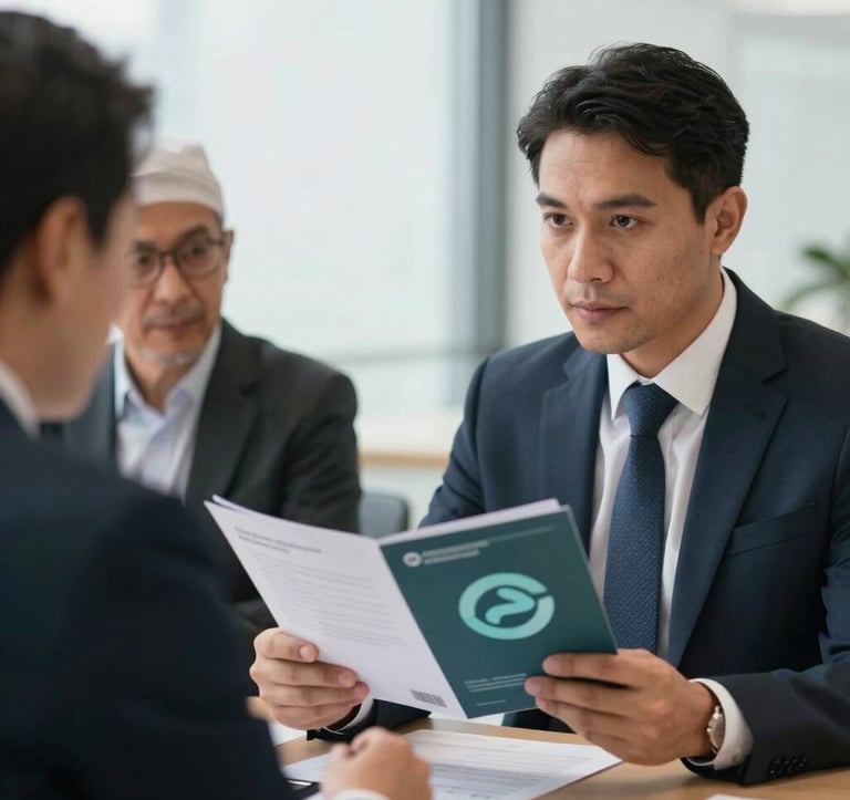 A close-up photograph of a professional meeting in a bright, modern office. A traveler and a financial consultant, both International / Global Muslims in smart attire, are reviewing a brochure featuring a dark teal and pale aqua logo. The lighting is bright and aspirational.
