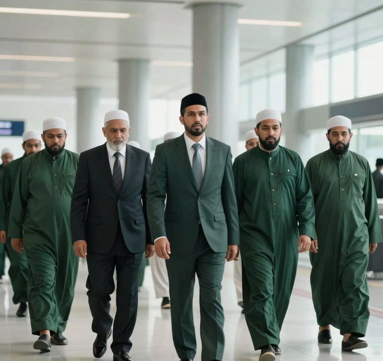 An International / Global Muslim guide in professional attire leading a group of pilgrims through a bright, modern terminal. The lighting is soft and natural, with a palette of deep green and light tosca visible in the environment. Reassuring and dignified atmosphere.