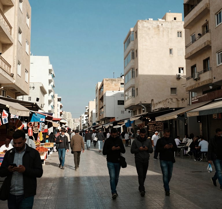 Wide professional landscape of a bustling modern city street in Algiers, showing clean architecture and people using mobile devices. Sharp focus, daylight, vibrant energy, capturing the essence of a market in digital transition, North African / Algerian context.