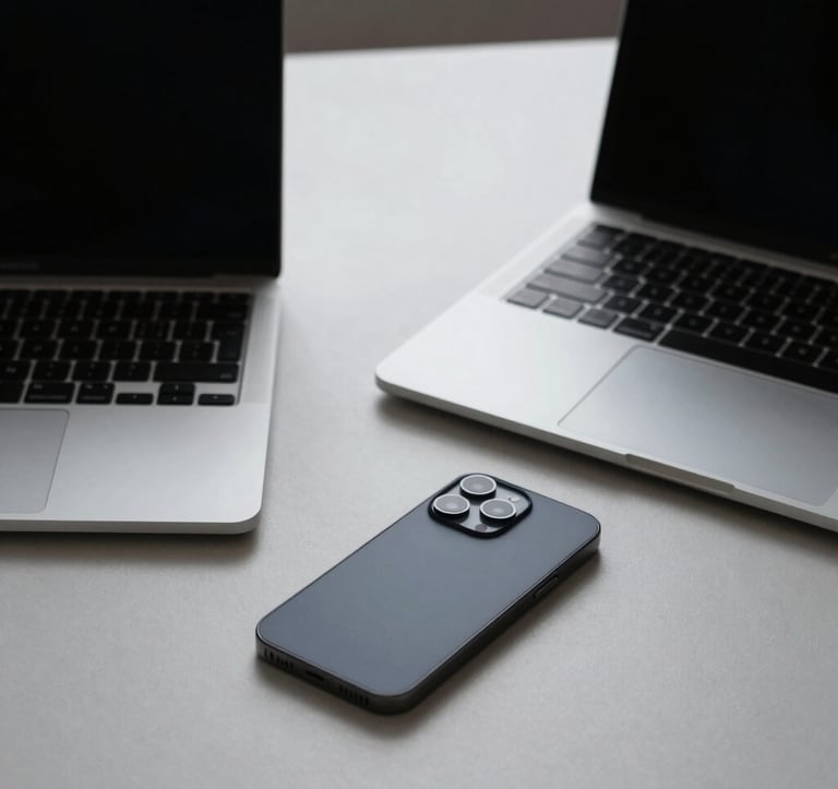 A minimalist, premium workspace with a laptop and a dark-themed smartphone on a clean desk. The lighting is soft and focused, emphasizing a sense of high-tech innovation and sophisticated financial management. Professional studio photography.