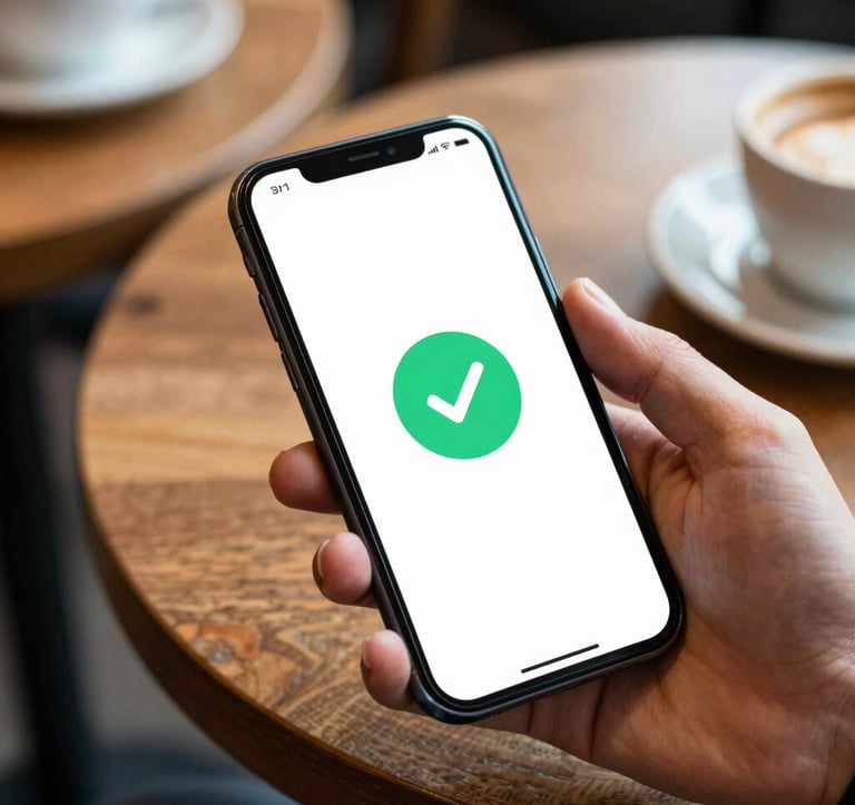 A close-up photograph of a sleek smartphone screen displaying a secure transaction confirmation with a sea green checkmark. The hand holding the phone is positioned over a modern wooden table in a high-end French cafe, showing a glimpse of a coffee cup. The focus is sharp on the device, conveying trust and modern security.