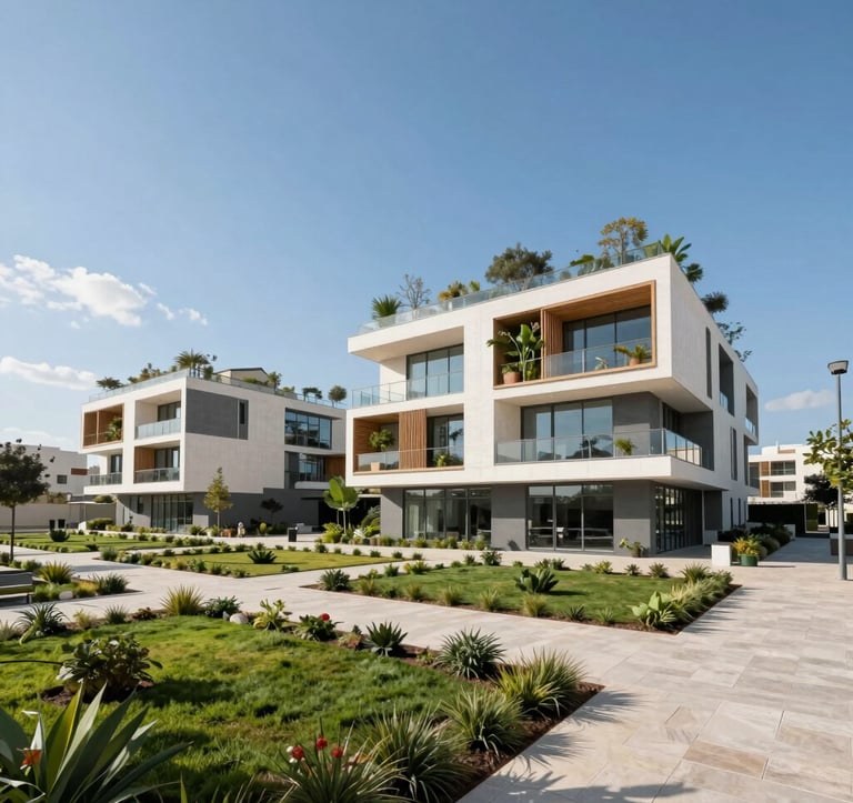 A wide photography shot of a modern, eco-friendly architectural project in Algiers, featuring green spaces and clean lines under a bright blue sky. Professional, corporate atmosphere suitable for a fintech leader in North African and European regions.