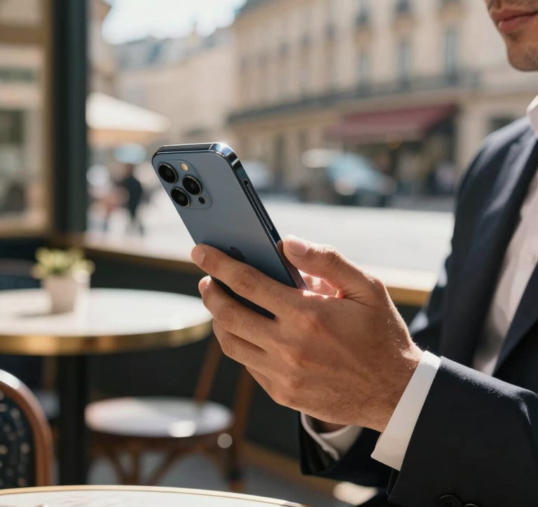 Close-up of a person's hand in a professional business suit holding a high-end smartphone in a sunlit Parisian cafe. The background shows a soft-focus street view. The style is premium and professional, representing a North African and European collaborative lifestyle.