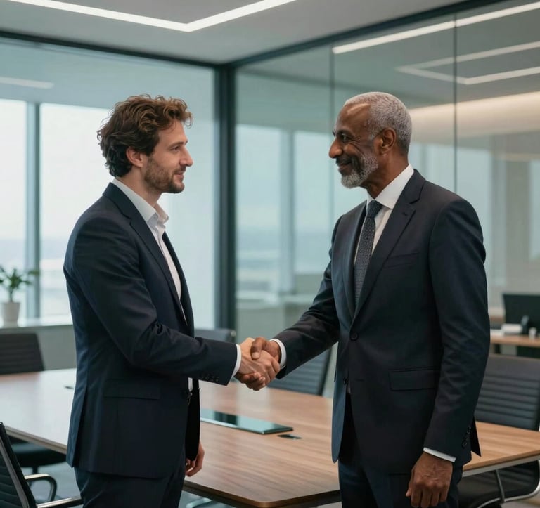 Two professional business partners, one European / French and one North African / Algerian, shaking hands in a high-tech, modern boardroom with glass walls. Soft natural lighting, professional attire, and a sophisticated atmosphere with sea green accents in the decor.