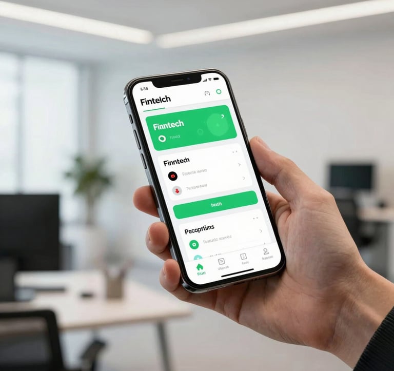 A close-up photograph of a hand holding a premium smartphone in a bright, modern minimalist office. The screen shows a sleek fintech dashboard with green accent colors. The background is softly blurred showing a professional workspace, North African / Algerian & European / French setting.