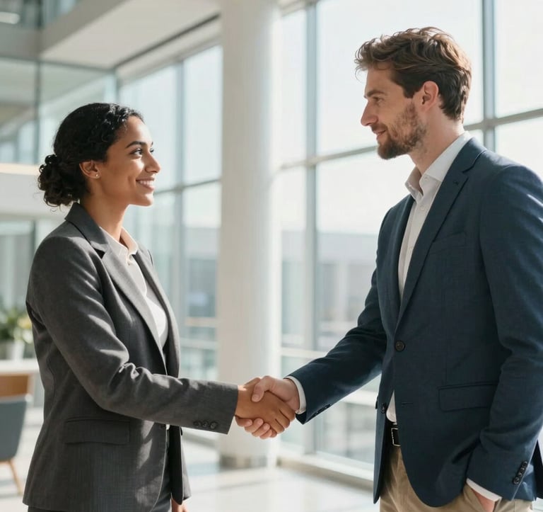 A high-end photography of two business professionals, one North African and one European, shaking hands in a bright, modern glass lobby. They are dressed in smart-casual business attire, and the scene exudes mutual respect and successful international partnership.