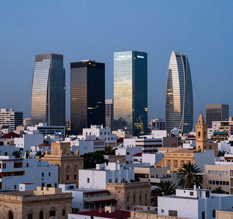 A professional architectural photograph of the Algiers skyline at dusk, blending historic North African structures with modern glass skyscrapers. The lighting is sophisticated, with a clear blue-hour sky, emphasizing a region in rapid economic transition and technological growth.