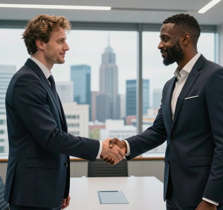 Two business partners, one European and one North African, shaking hands in a high-tech conference room with a view of a modern city skyline. The lighting is bright and professional, emphasizing trust and collaboration in a fintech context.