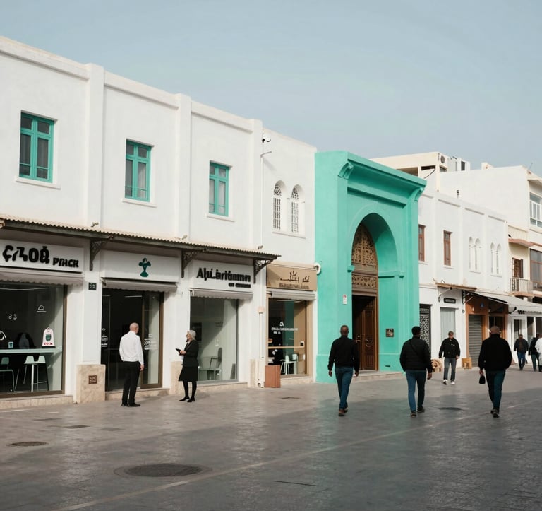 A street-level shot of a busy commercial district in Algiers, showing modern storefronts and people engaged in professional daily life. The composition is balanced and clean, using a natural light palette of white and sea green, reflecting North African and European urban style.