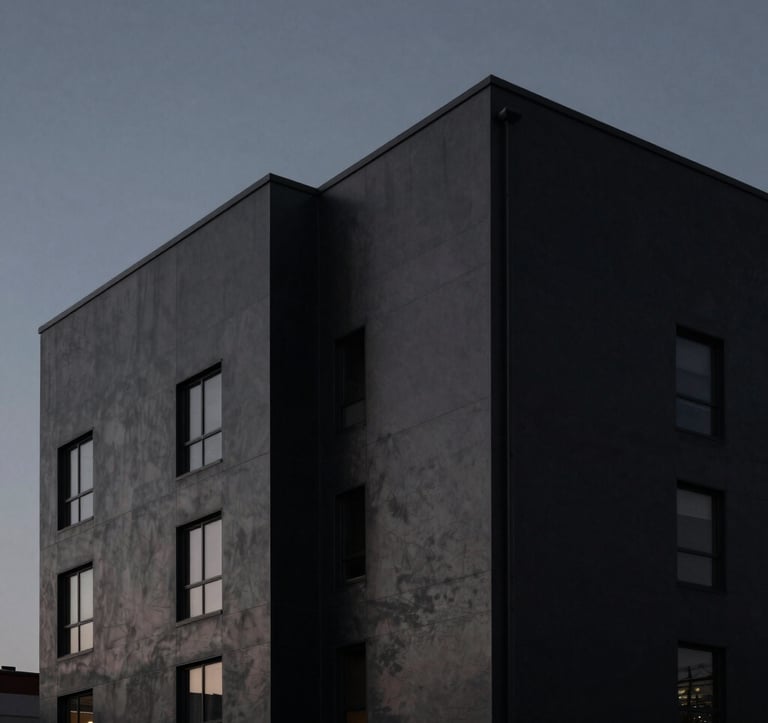 Architecture-focused shot of a matte black urban building against a dark grey twilight sky. Minimalist lighting, sharp industrial lines, and deep shadows. North American / International setting.