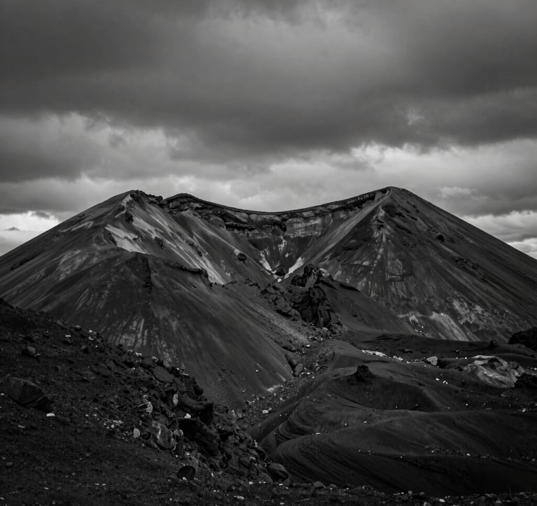 High-contrast black and white photography of a volcanic mountain ridge under a heavy charcoal sky. The composition emphasizes architectural symmetry in nature. North American / International setting.