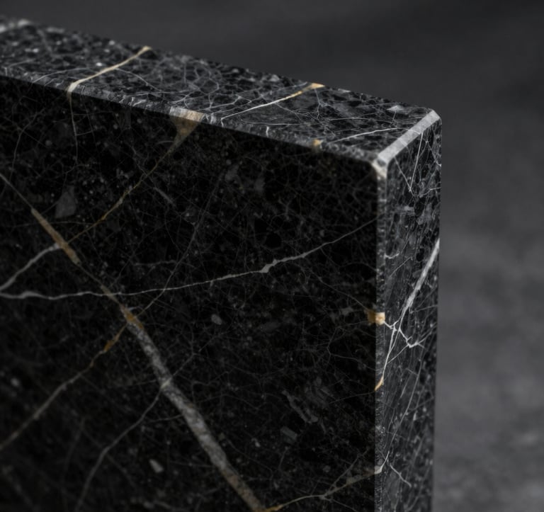 A macro photography shot of premium black marble with subtle white and gold veining. The texture is polished and reflective, capturing a sharp architectural corner in the frame. Editorial lighting with deep shadows. North American / International style.