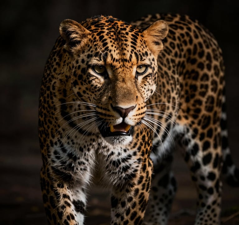 A majestic leopard in deep shadows, with high-contrast cinematic lighting highlighting the texture of its coat. Shot in an editorial, fine-art photography style. North American / International context.