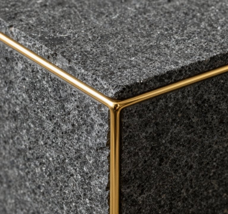 A close-up photograph of raw, dark grey textured stone meeting a thin, polished gold metal inlay. The focus is sharp on the transition between materials, emphasizing craftsmanship and luxury textures. North American / International.