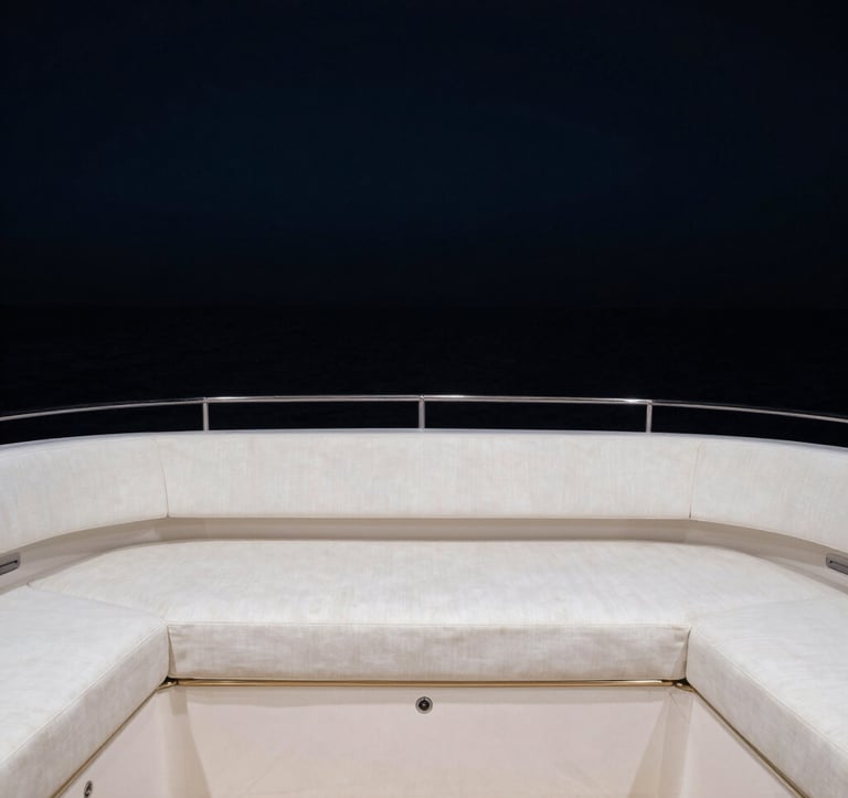 Luxury yacht interior looking out to a dark sea. Deep blacks, white linen accents, and subtle gold metal trim on the minimalist furniture. High-end editorial photography style. North American / International setting.